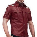 Red leather shirt worn by a person on a white background