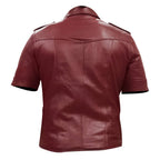 Back view of a maroon leather jacket on a white background
