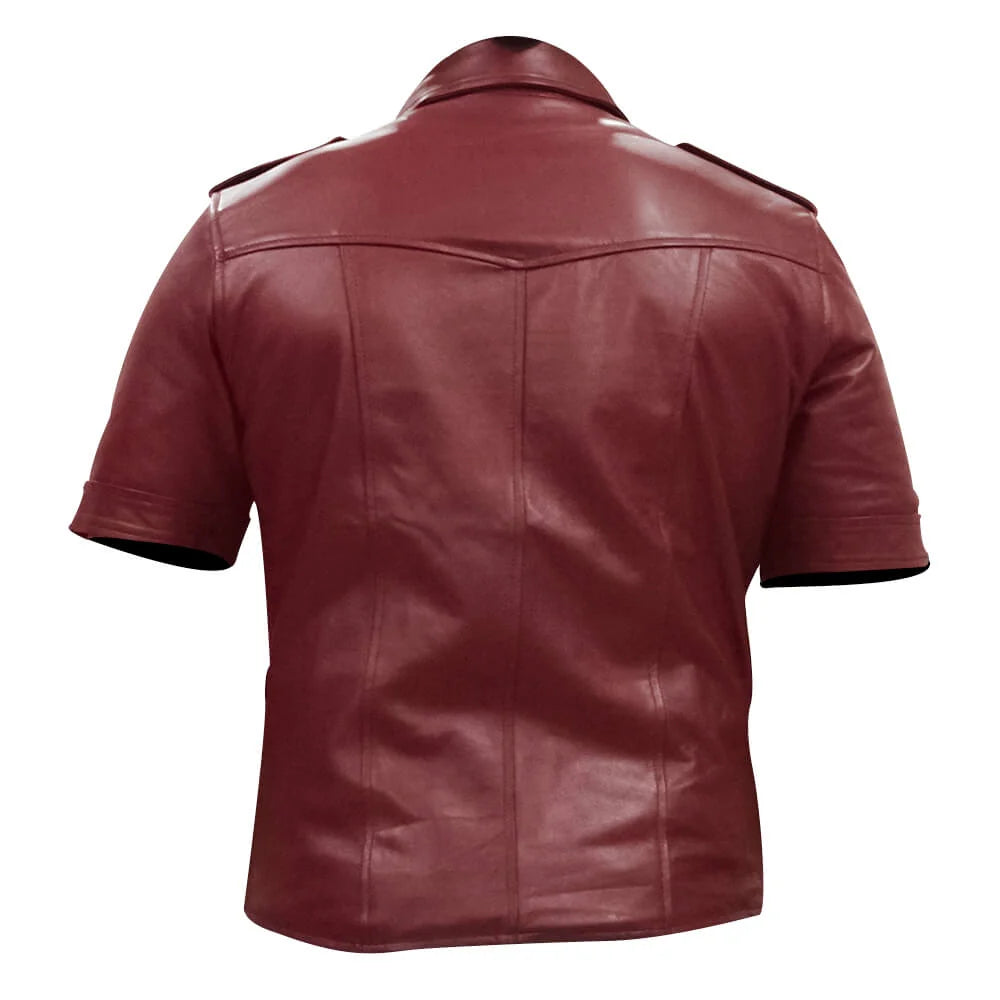 Back view of a maroon leather jacket on a white background