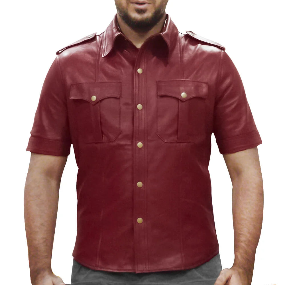 Man wearing a red leather shirt with short sleeves on a white background