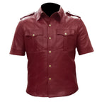 Red leather shirt with short sleeves on a white background