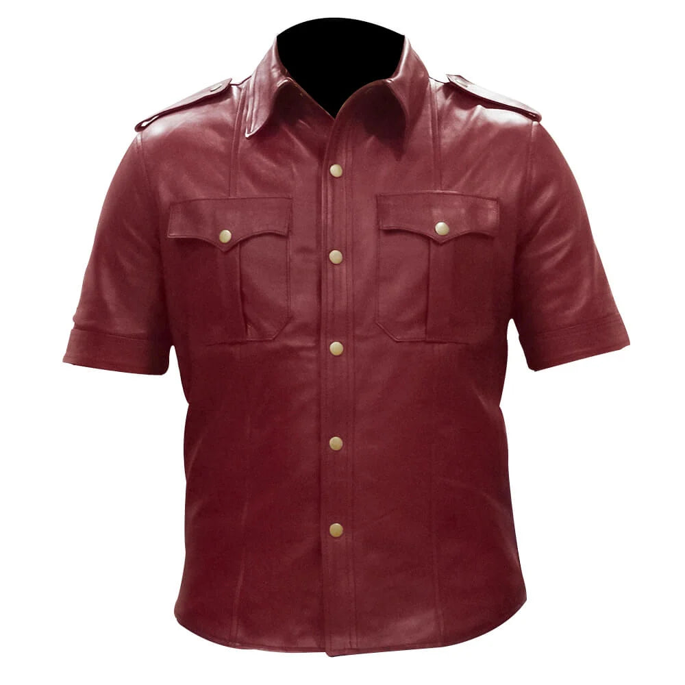 Red leather shirt with short sleeves on a white background