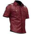Red leather shirt with short sleeves on a white background