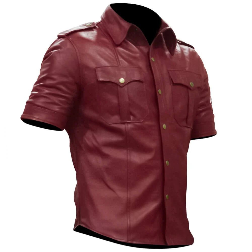 Red leather shirt with short sleeves on a white background