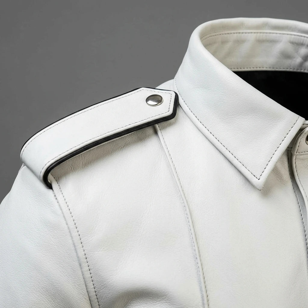 Men's Premium White Leather Short Sleeve Shirt | Genuine Leather Shirt