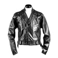 Black cowhide leather jacket on a mannequin against a white background
