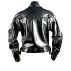 Black cowhide biker leather jacket on a white background