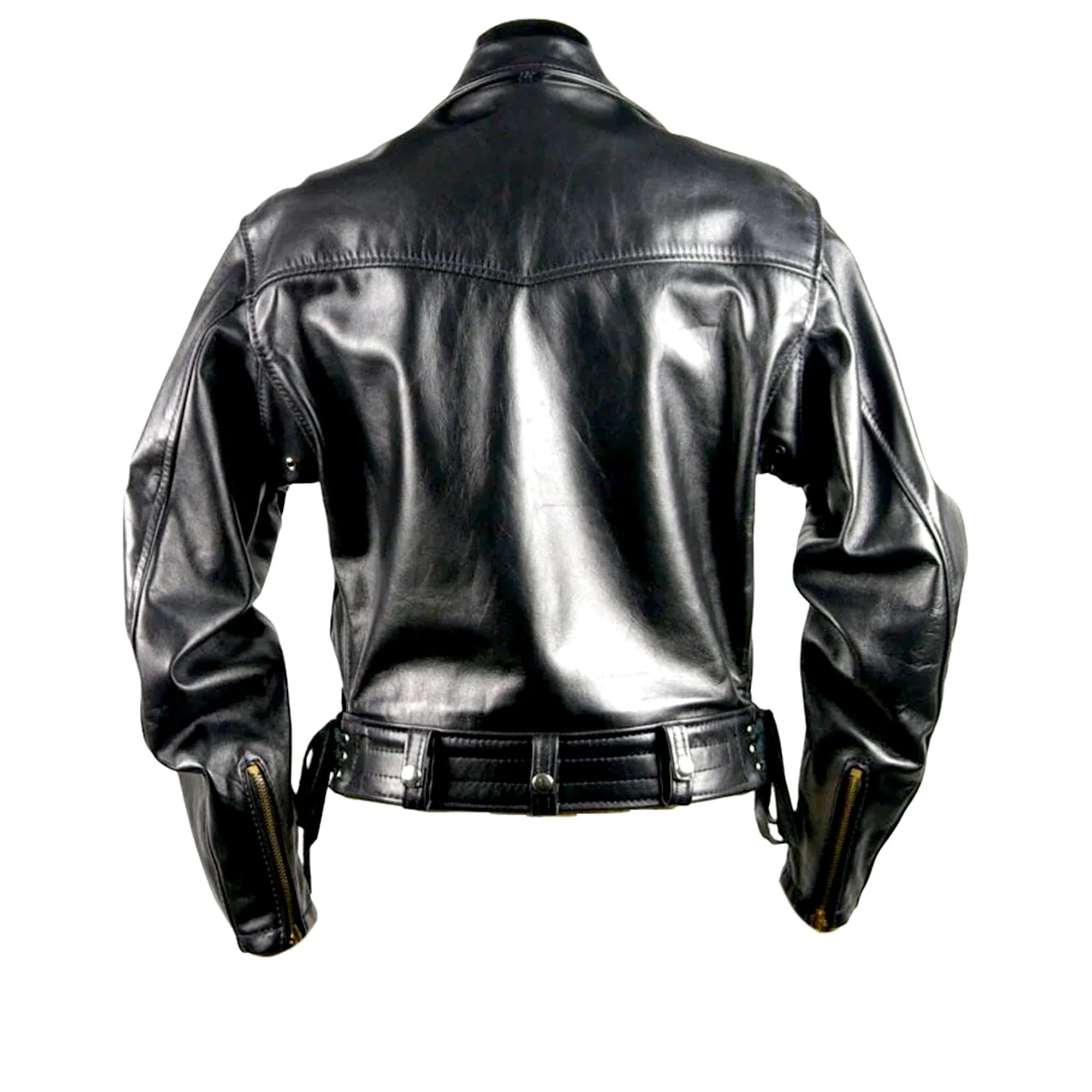 Black cowhide biker leather jacket on a white background