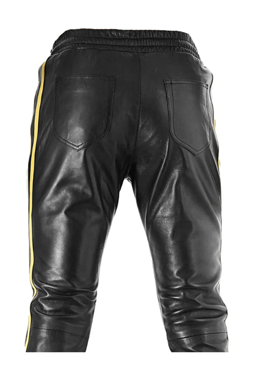 Black Leather Trousers with Classic White Side Stripes