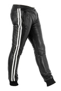 Black Leather Trousers with Classic White Side Stripes