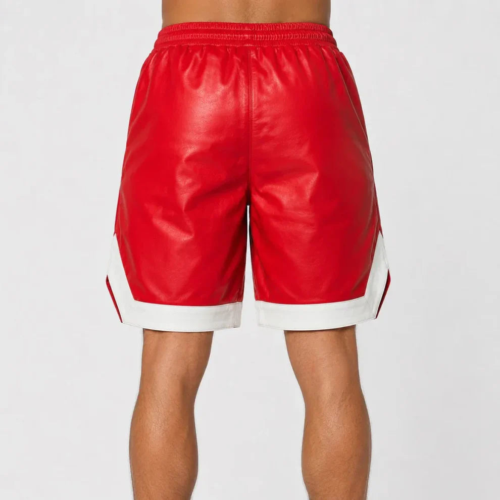 Men’s Red Cowhide Leather Shorts with White Trim & Full Zipper | Leathericmen