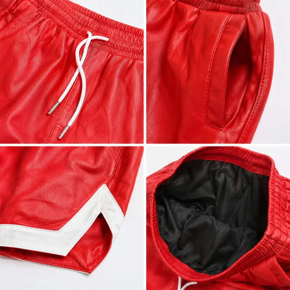 Men’s Red Cowhide Leather Shorts with White Trim & Full Zipper | Leathericmen