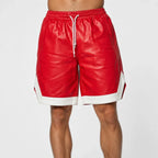 Men’s Red Cowhide Leather Shorts with White Trim & Full Zipper | Leathericmen