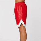 Men’s Red Cowhide Leather Shorts with White Trim & Full Zipper | Leathericmen