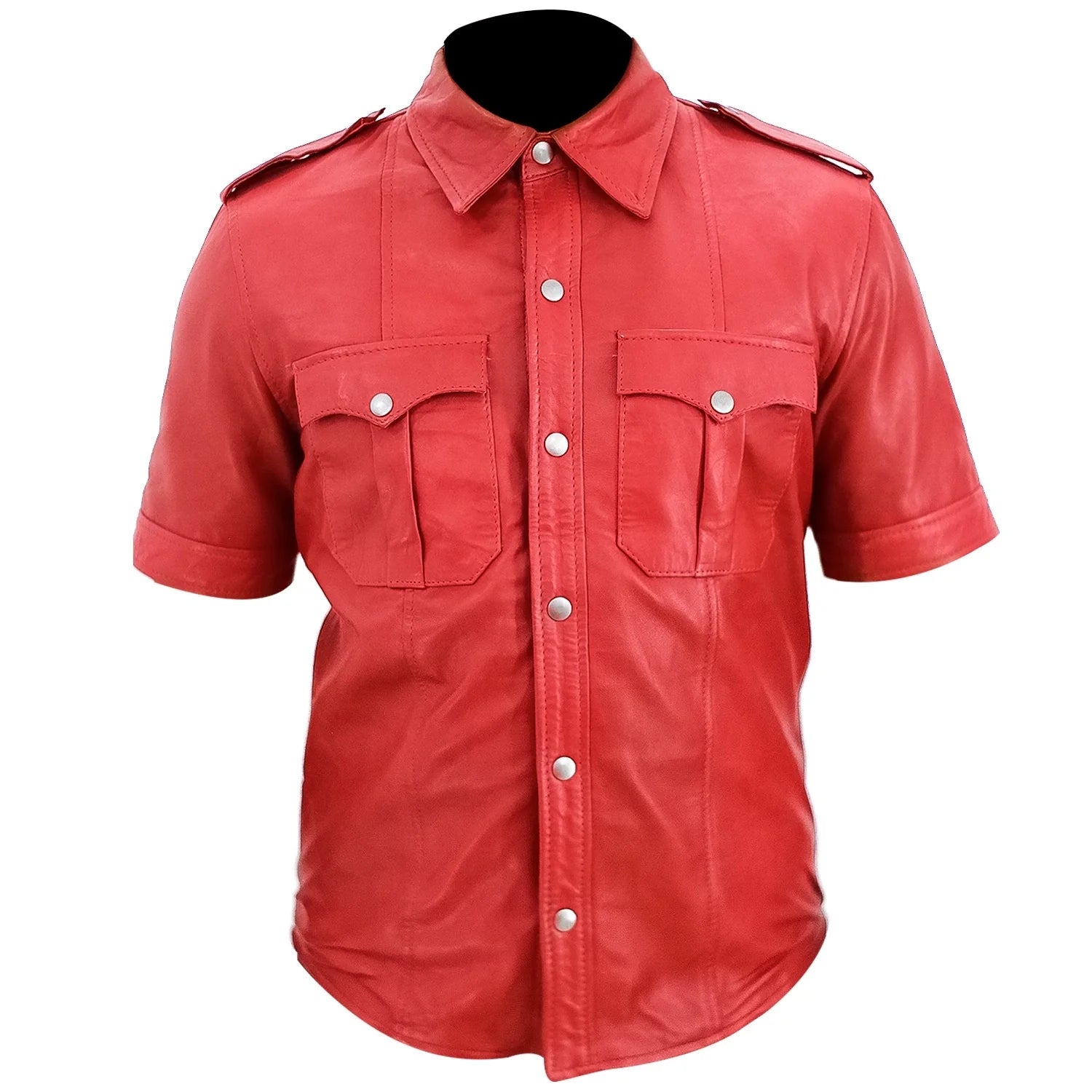 Red leather shirt with short sleeves on a white background