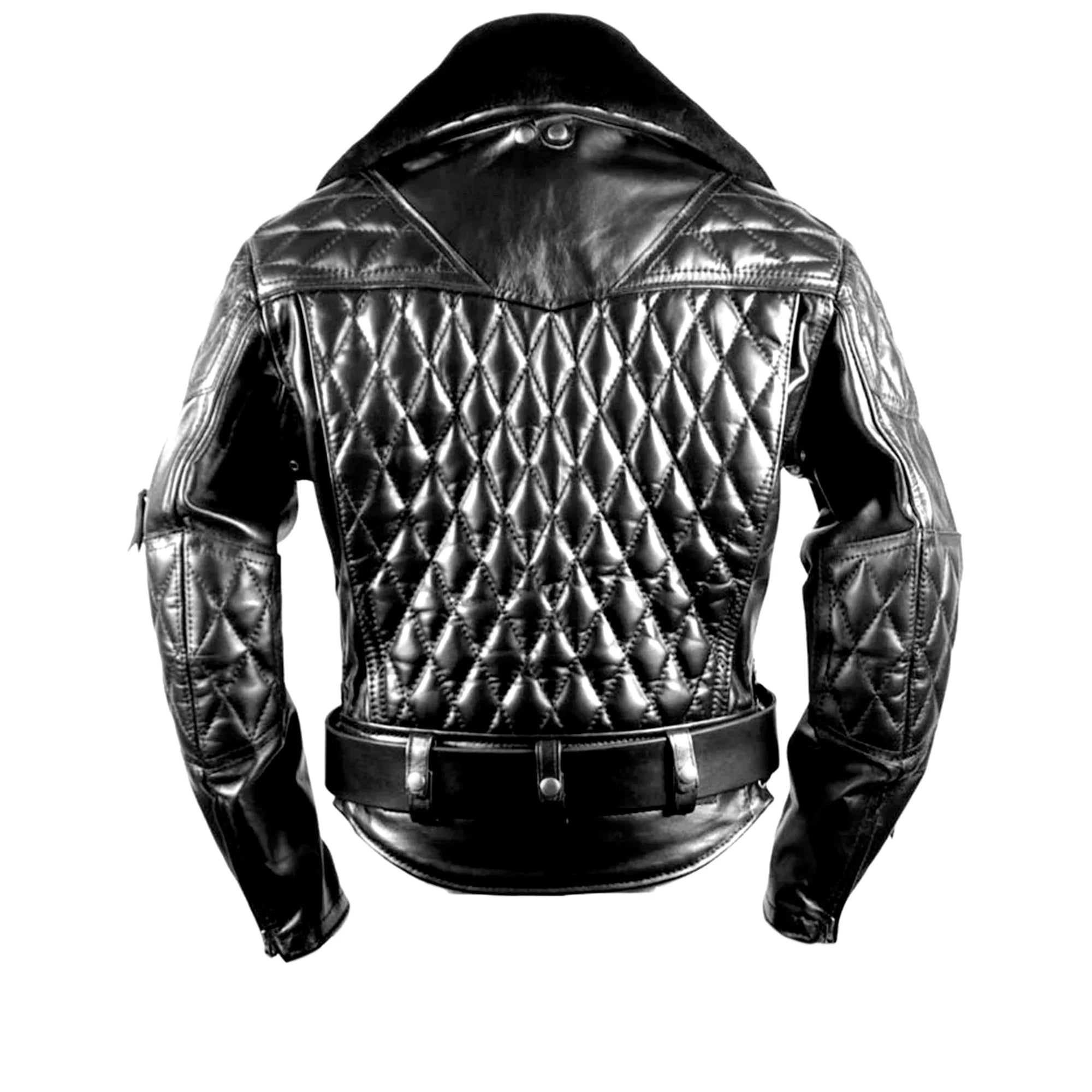 Black quilted uniform leather jacket on a white background