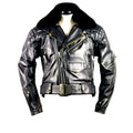 Black uniform leather jacket with gold zippers on a mannequin against a white background