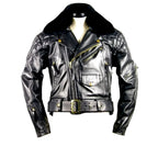 Black uniform leather jacket with gold zippers on a mannequin against a white background