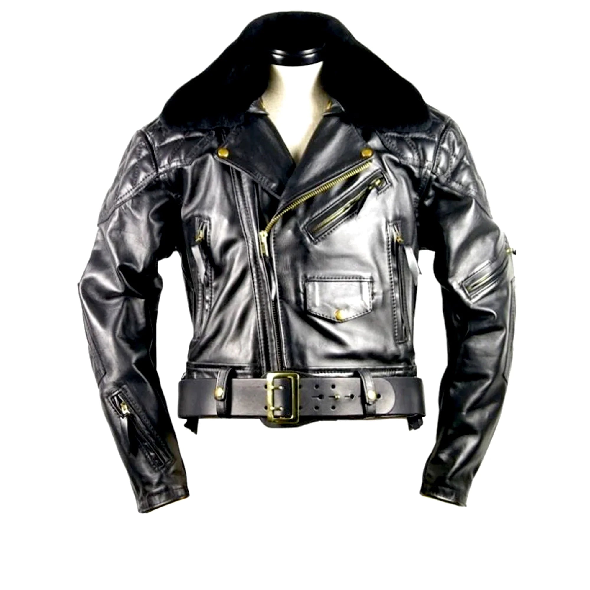 Black uniform leather jacket with gold zippers on a mannequin against a white background
