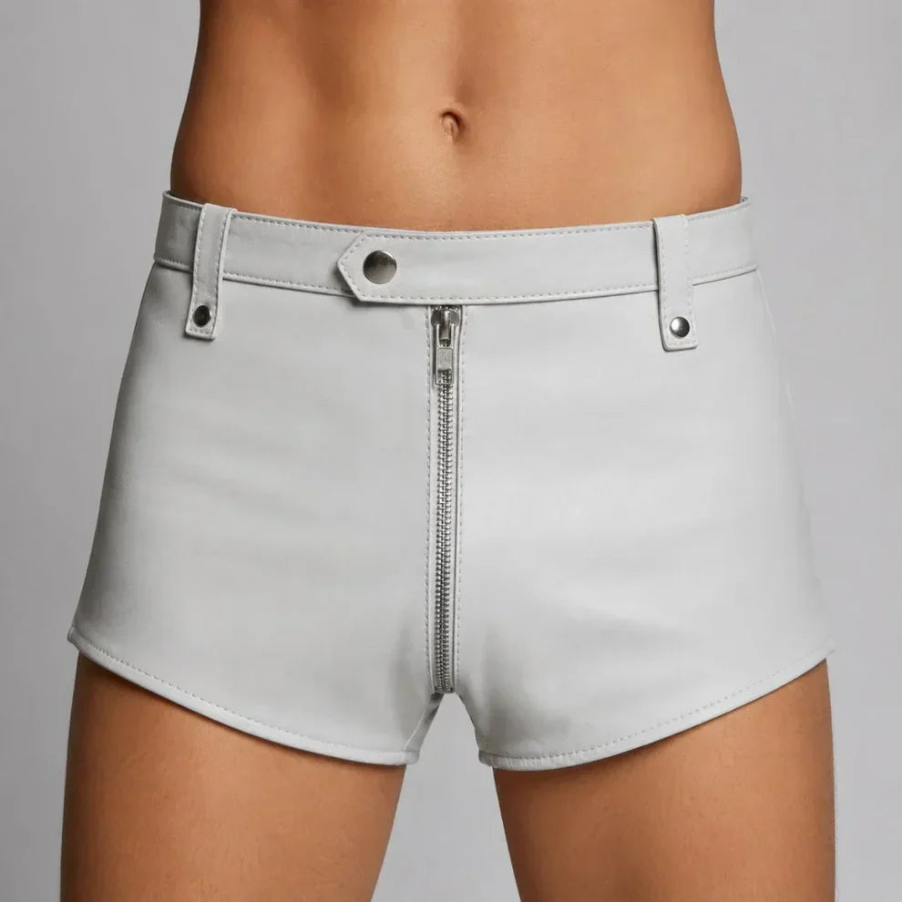 Men’s White Lambskin Leather Shorts with Full Front-to-Back Zipper | Handmade | Leathericmen
