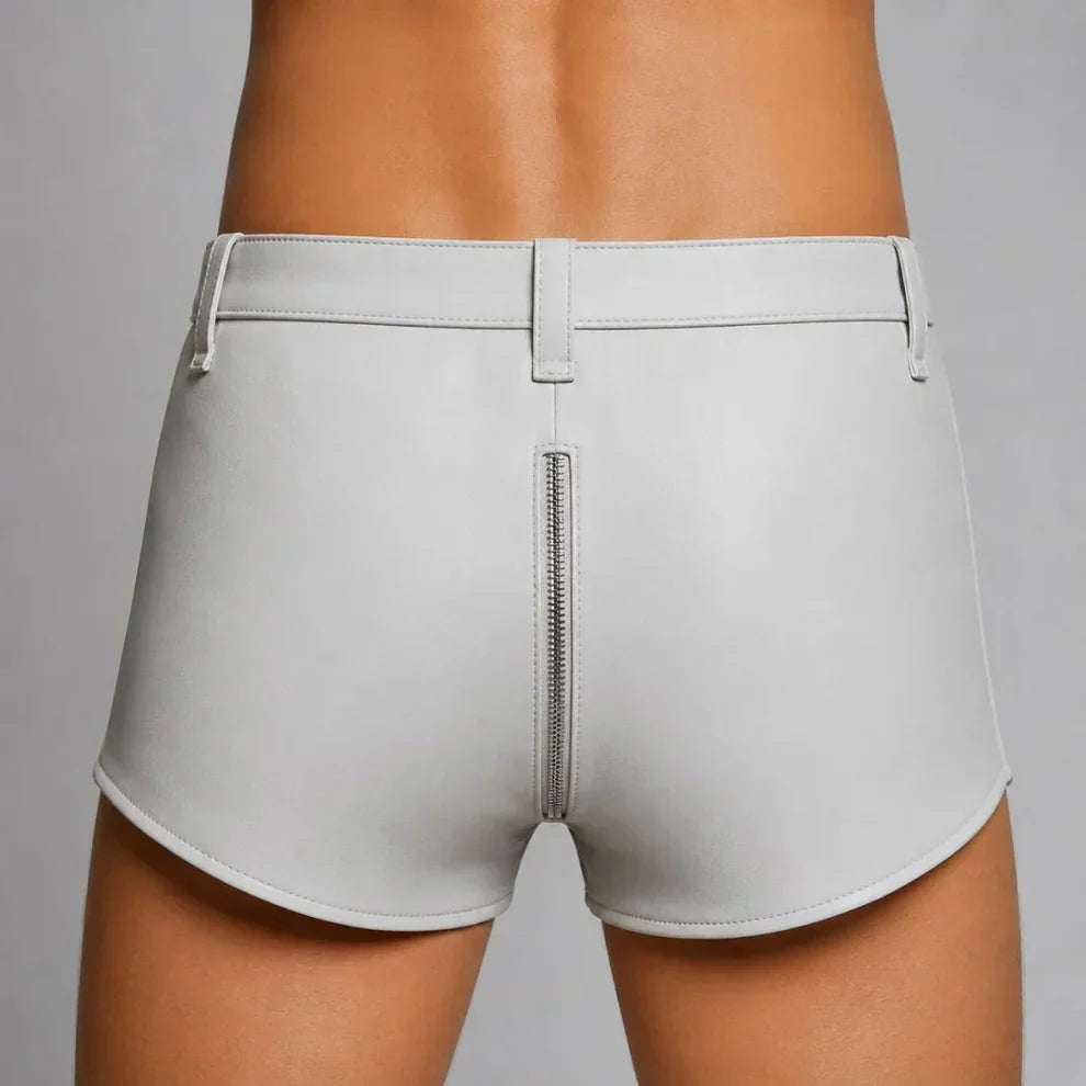 Men’s White Lambskin Leather Shorts with Full Front-to-Back Zipper | Handmade | Leathericmen