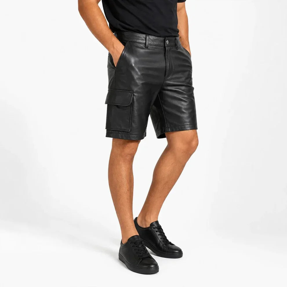 Men's Black Lambskin Leather Cargo Shorts