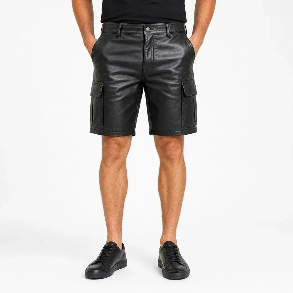 Men's Black Lambskin Leather Cargo Shorts