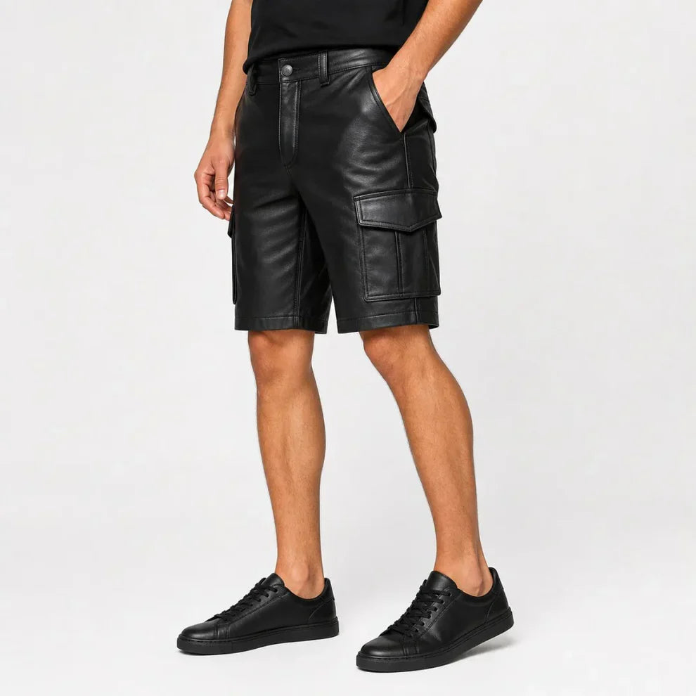 Men's Black Lambskin Leather Cargo Shorts