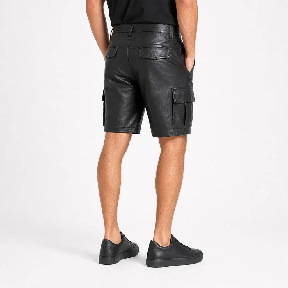 Men's Black Lambskin Leather Cargo Shorts