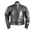 Black padded cossack collar leather jacket on a mannequin against a white background
