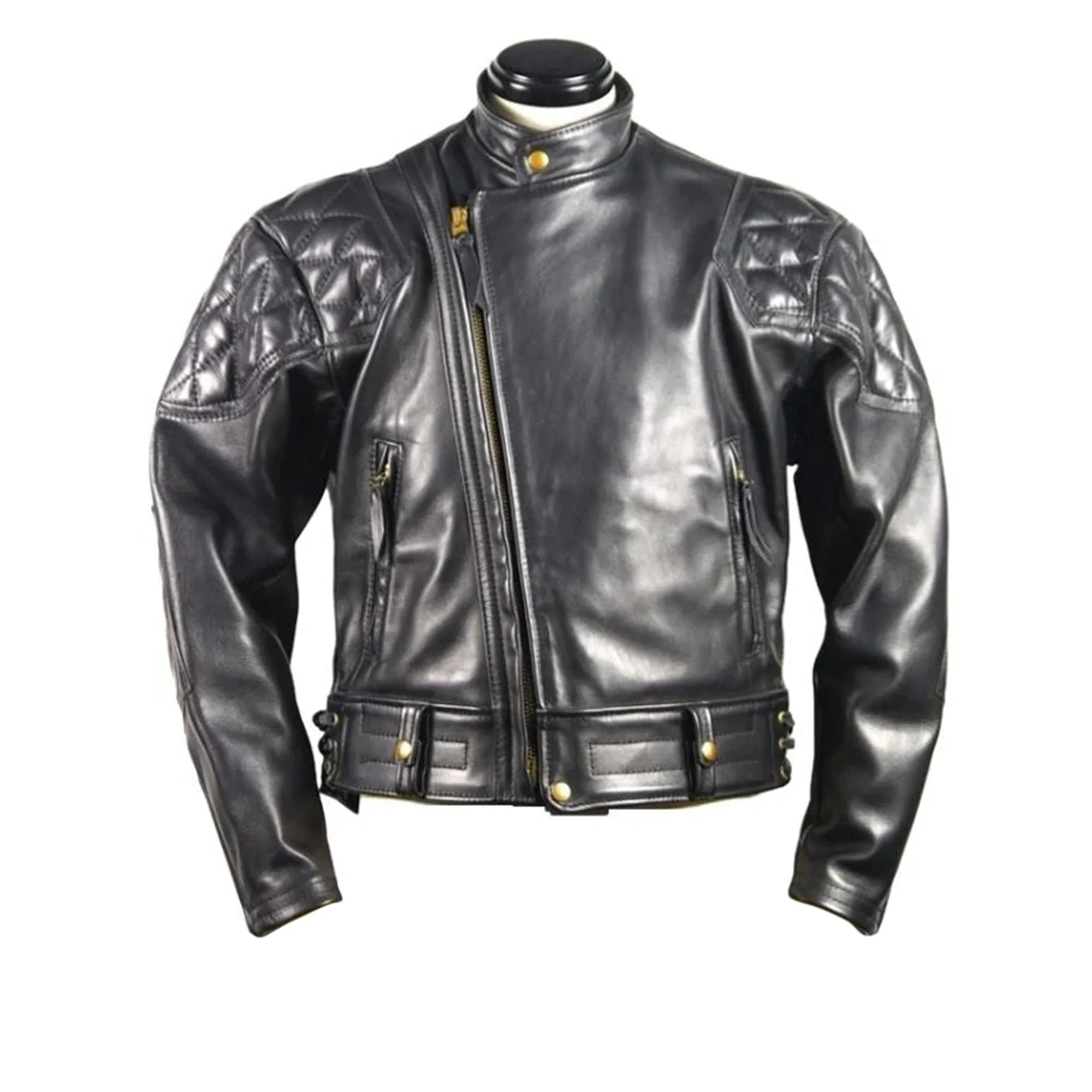 Black padded cossack collar leather jacket on a mannequin against a white background
