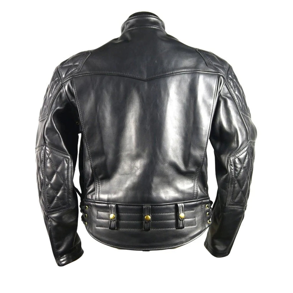 Black padded cossack collar leather jacket on a white background