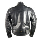 Black padded cossack collar leather jacket on a white background
