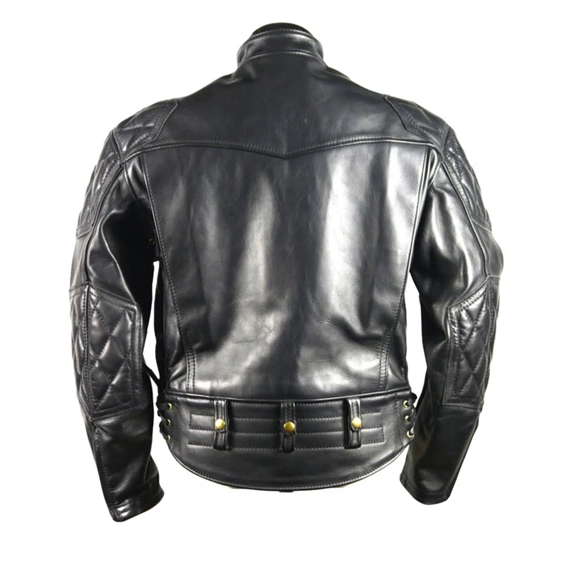 Black padded cossack collar leather jacket on a white background