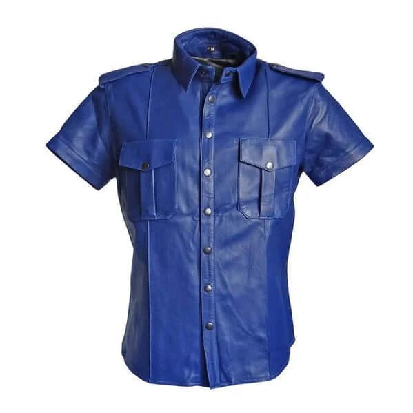 Blue leather shirt with short sleeves on a white background