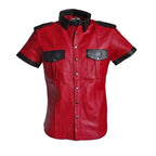 Red leather shirt with black accents on a white background