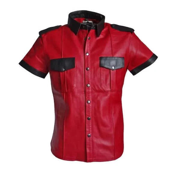 Red leather shirt with black accents on a white background