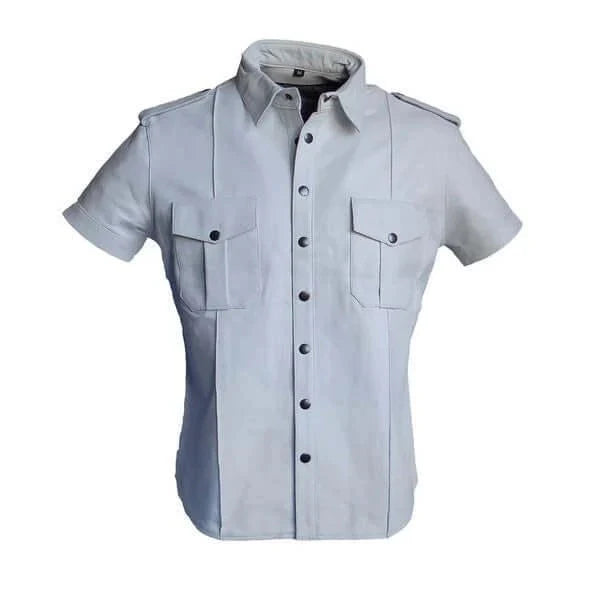 Gray short-sleeve shirt with button details on a white background