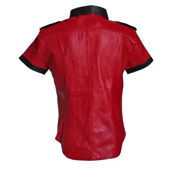 Red leather shirt with black trim on a white background