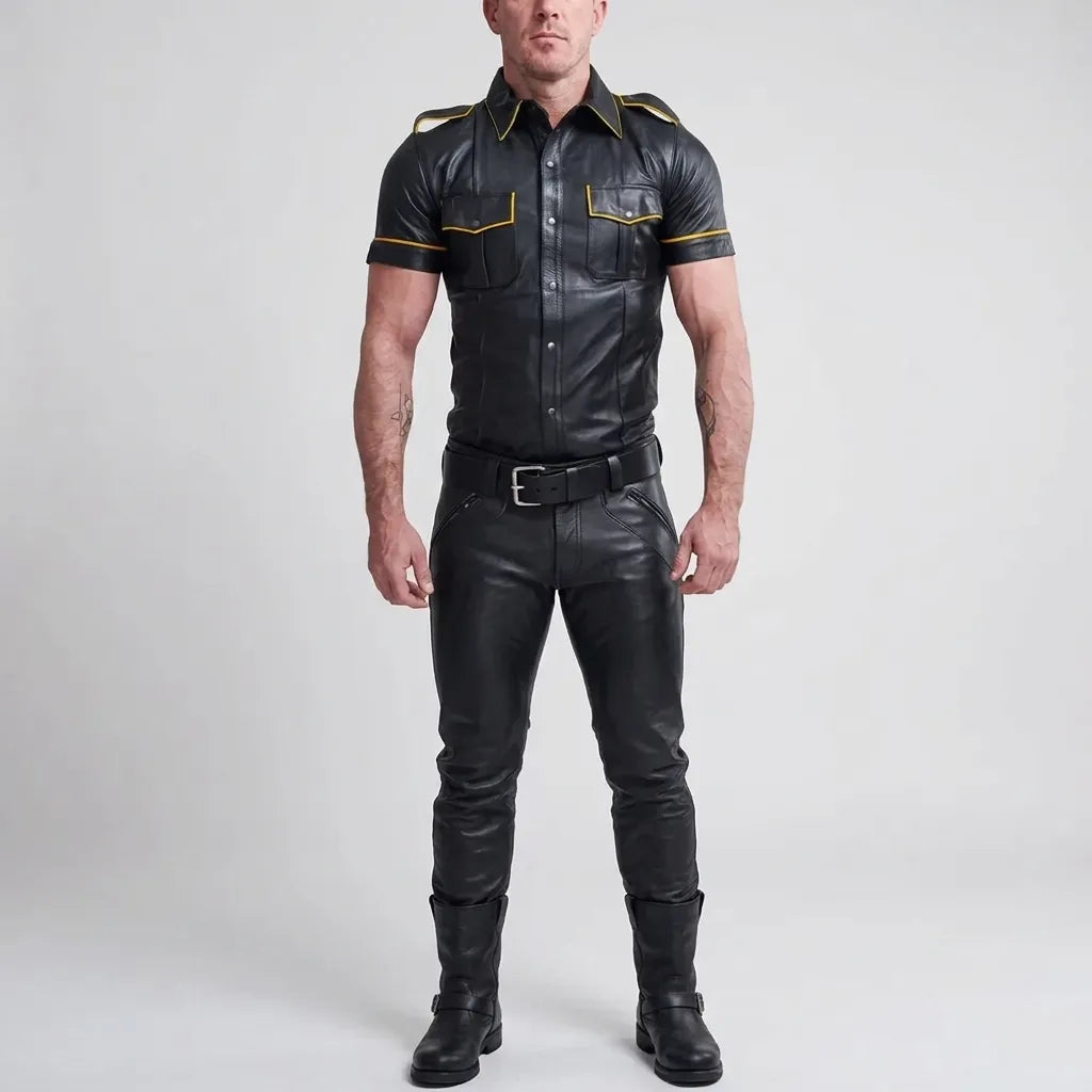 Police Style Leather Shirt for Men | Biker & Tactical Leather Shirt