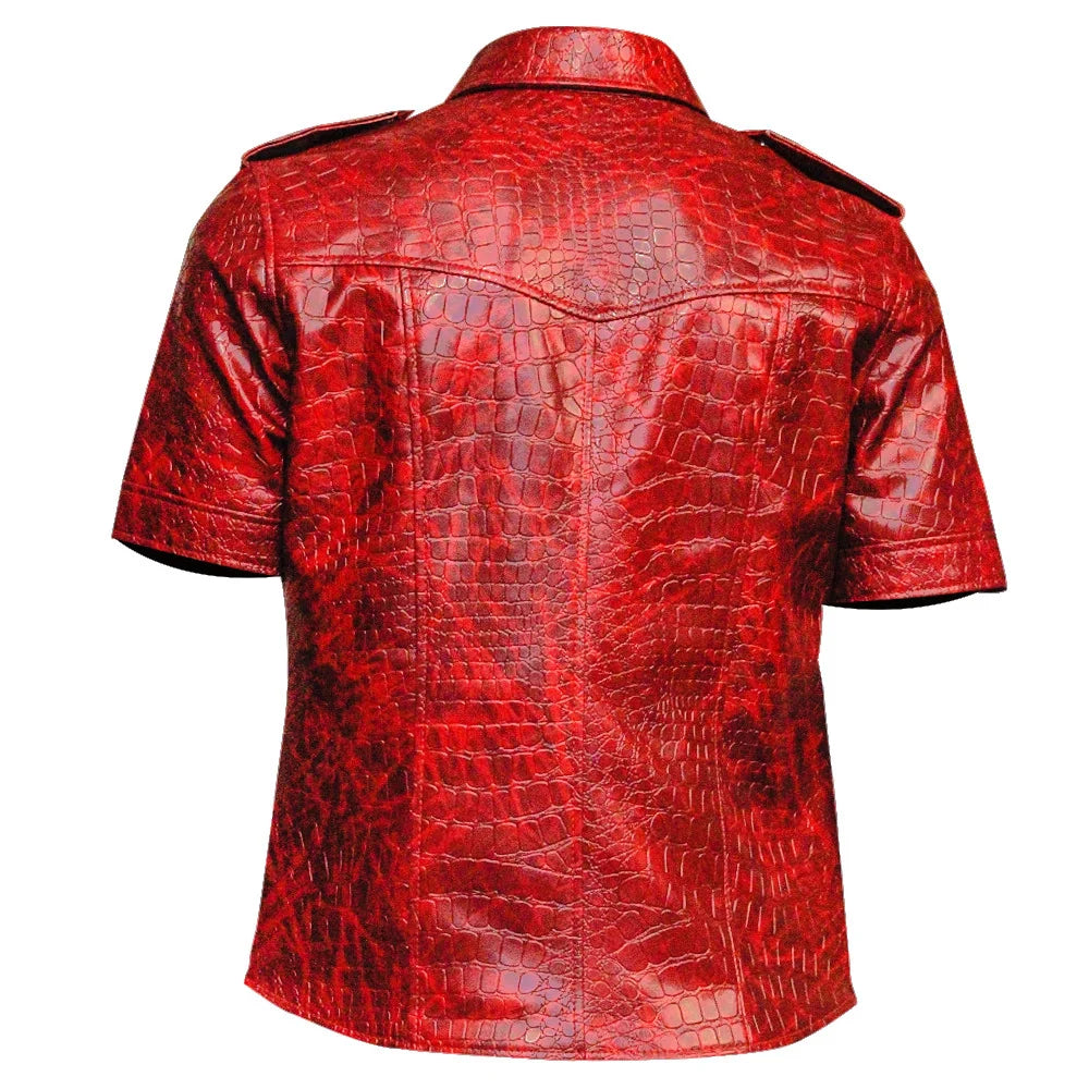 Red leather shirt with crocodile pattern on a white background