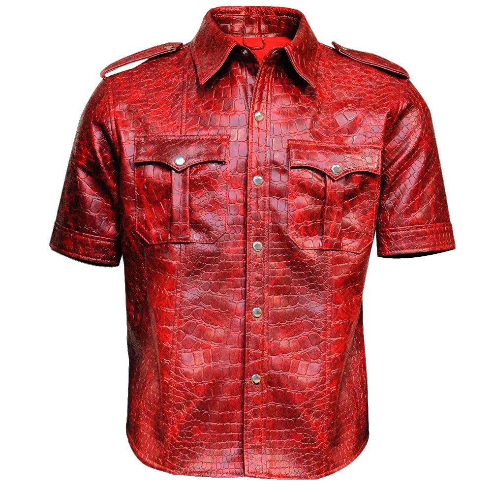 Red leather shirt with a textured pattern on a white background