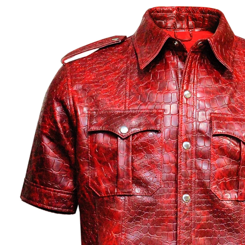 Red leather shirt with a textured pattern on a white background