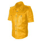 Yellow leather shirt with short sleeves on a white background
