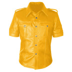 Yellow leather shirt with short sleeves on a white background