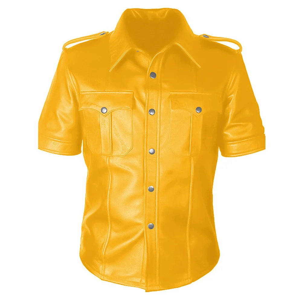 Yellow leather shirt with short sleeves on a white background