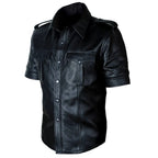 Black leather shirt with short sleeves on a white background
