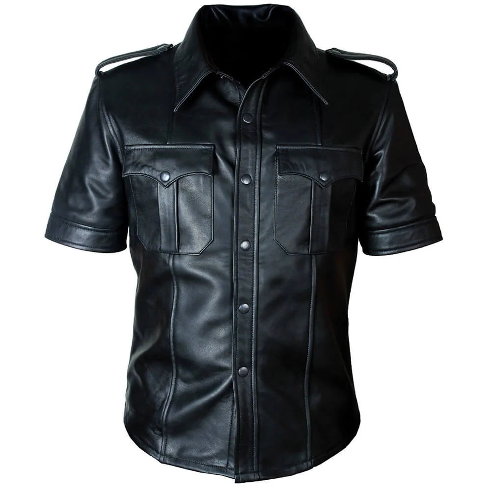 Black leather shirt with short sleeves on a white background