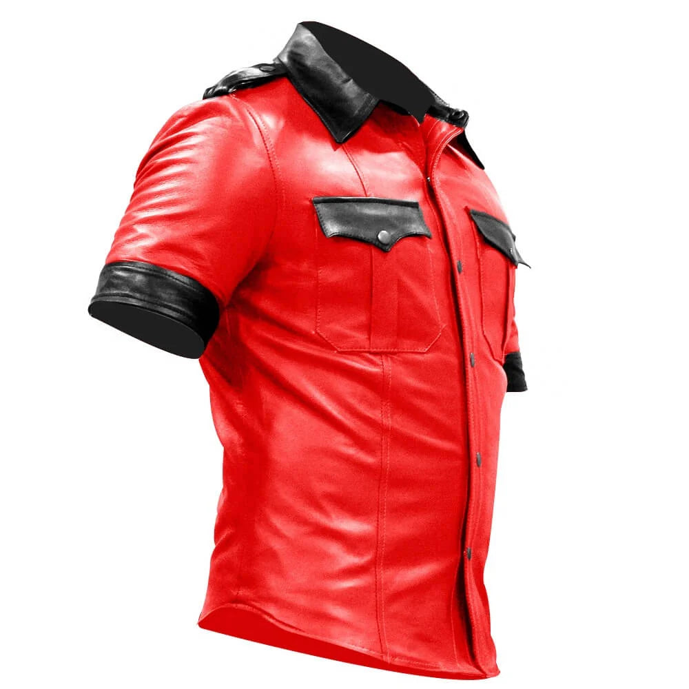 Red leather jacket with black accents on a white background