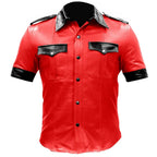 Red leather shirt with black accents on a white background